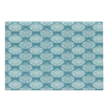 Blue and White Cutting Board, Damask Art Flowers with Baroque Curlicues Victorian Garden Inspiration, Decorative Tempered Glass Cutting and Serving Board, Large Size, Blue and White, by Ambesonne