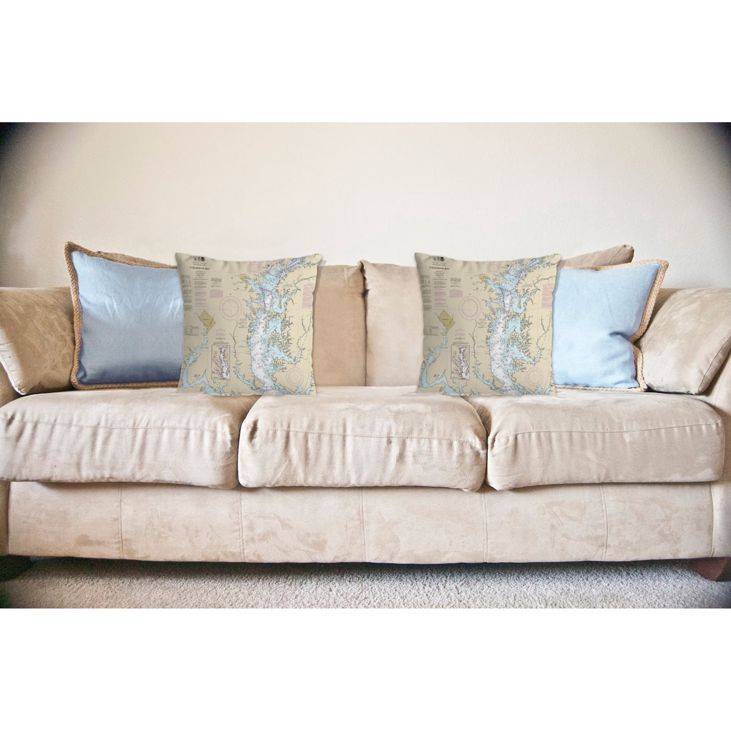 Betsy Drake Interiors Chesapeake Bay - Rock Hall, MD and VA Nautical Map Noncorded Indoor/Outdoor Pillow 12x12