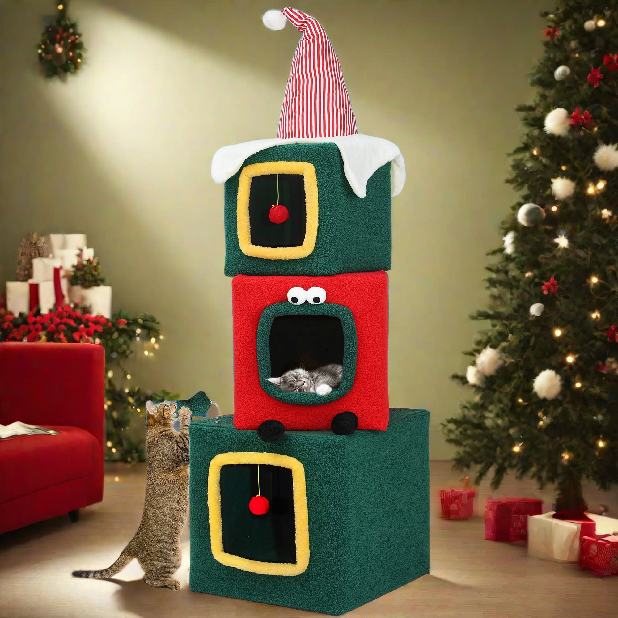 Uforic 60" Christmas Cat Tree Tower with Condos & Plush Ball for Indoor Cats