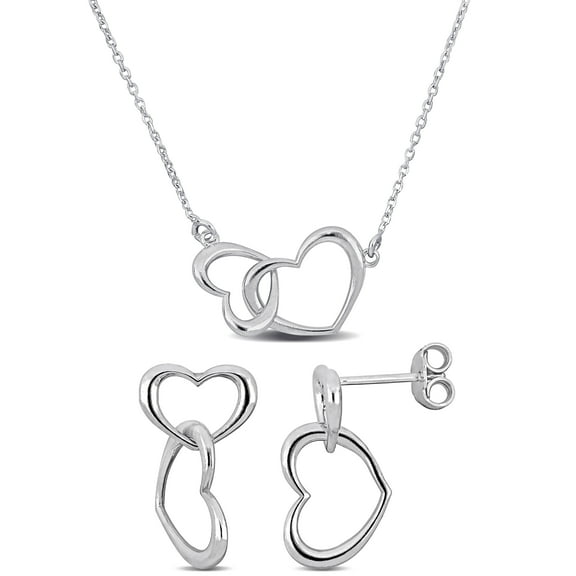 Everly Women's Sterling Silver Double Heart Charm Necklace and Earrings Set - 16.5 in   1 ext