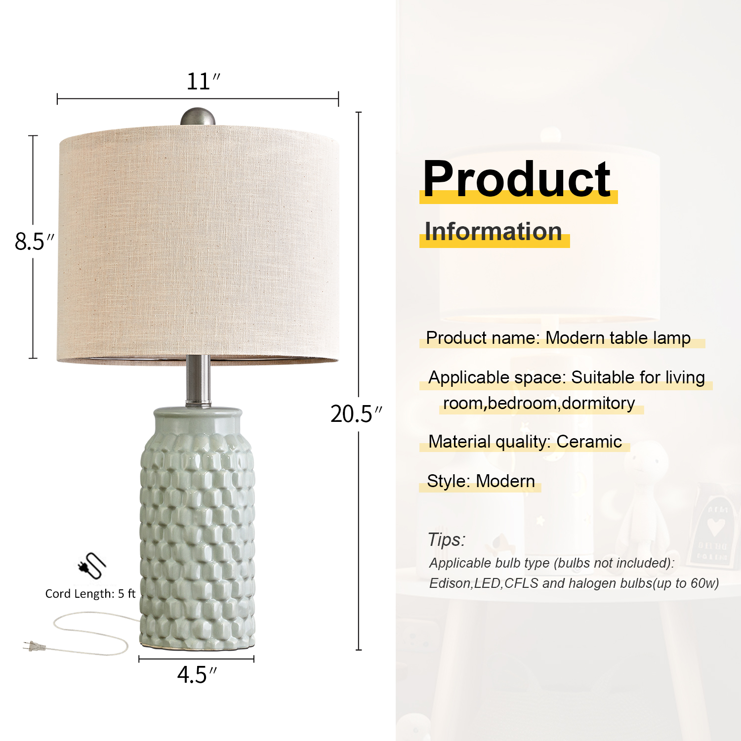 Oneach Modern Ceramic Table Lamps Set of 2, Light Green photo 7