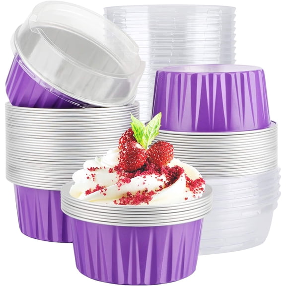 50 Pack Muffin Liners with Lids, 5 oz Aluminum Foil Cupcake Cups Muffin Tins, Disposable Cupcake Baking Pans Cupcake Holders for Custard Mini Pie, Purple