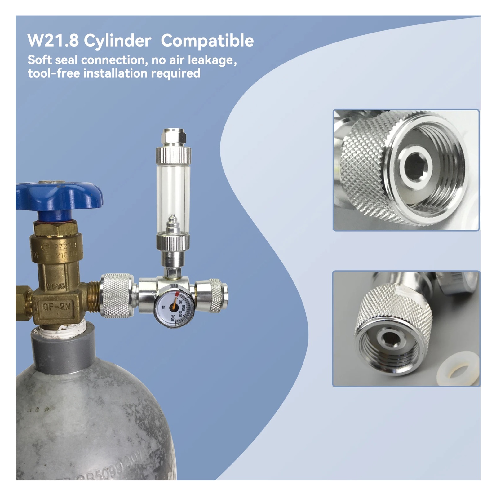 CO2 flow Regulator Needle Valve with Mini Gauge 0-2000PSI Gas flow Rate Control W21.8 Thread ,Durable Brass Construction