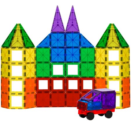 Best Choice Products 100-Piece Transparent Rainbow Magnetic Building Geometric Tiles w/ Wagon and Carrying Case -