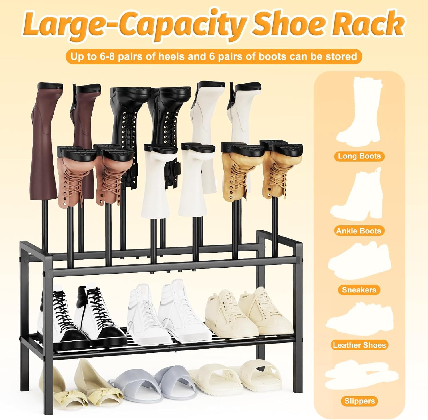 Tall Boot Shoe Rack,FreeStanding Metal Shoe Racks with 12 Long Posts Holds 6 Pairs,Boot Shelf Storage Organizer for Closet Entryway Floor Bedroom Outdoor, Black