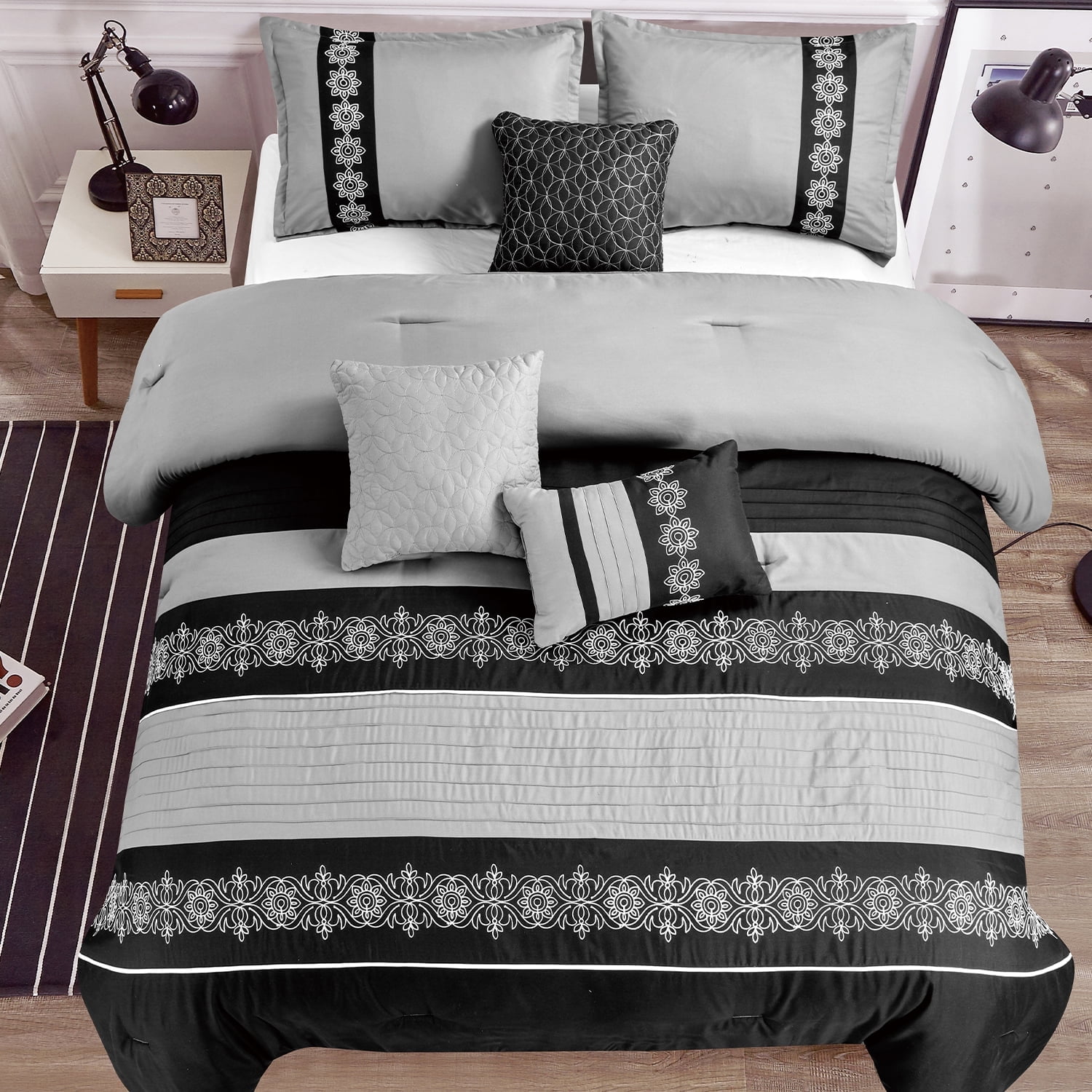 JML Comforter Set, King Size, 7-Piece Soft Microfiber Embroidery Design Bed in A Bag