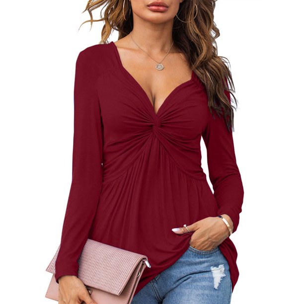 Puntoco Primavera Mujer Moda Cuello en V Manga larga Color sólido Sexy Casual Tee tops Puntoco Puntoco-468