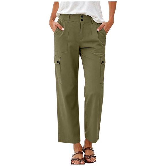 Women's Casual Cargo Pants with Pockets, Elastic High Waist Full Length Straight Leg Trousers, Multi-Pocket Utility Work Pants for Outdoor Hiking Travel | UKHCCC,Army Green L