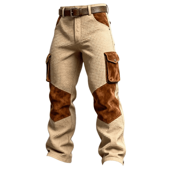 Men’s Corduroy Cargo Pants with Suede Patchwork Relaxed Fit Trousers with Multiple Pockets and Belt Loops for Daily Wear