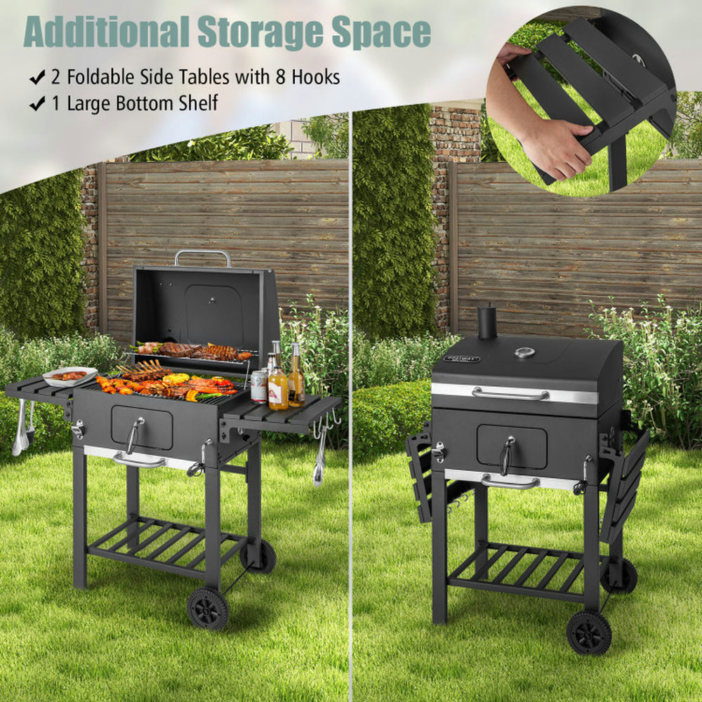 Aimee Lii Outdoor BBQ Charcoal Grill with 2 Foldable Side Table and Wheels, BBQ Grill for Outdoor Cooking Kitchen, Garden and Patio Backyard Barbecue