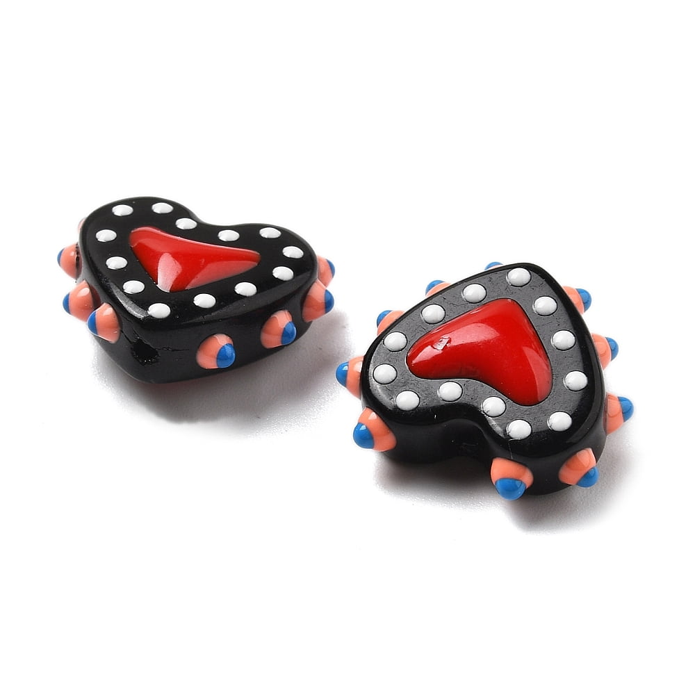 Baking Painted Glass Bumpy Beads Heart with Enamel Black 16~17x18x7mm Hole: 1.2mm