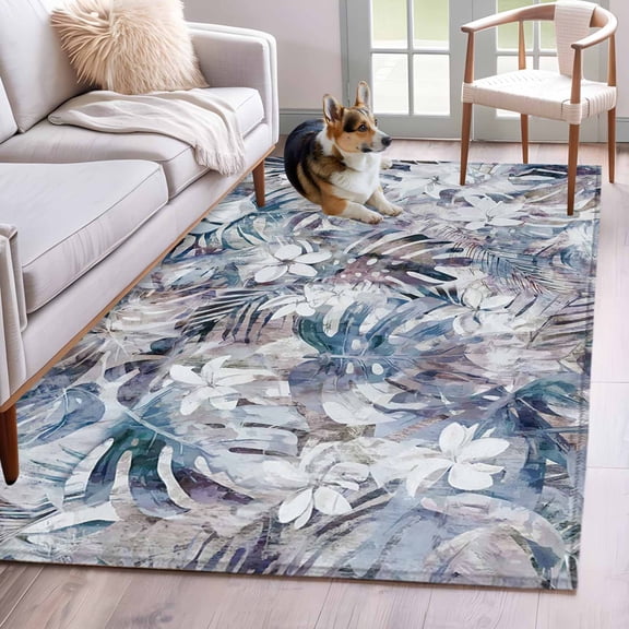 Rectangle Area Rugs 2.7 x 5 Ft, Palm Leaves Non-Slip Residential Carpet, Spring Tropical Leaf Botanical Vintage Blue Indoor Crawling Mats Runner Rugs for Living Room/Dining Room/Bedroom