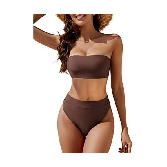 Women's High Waisted Bikini Swimsuit Two Piece Strapless Bandeau Cheeky Bathing Suits