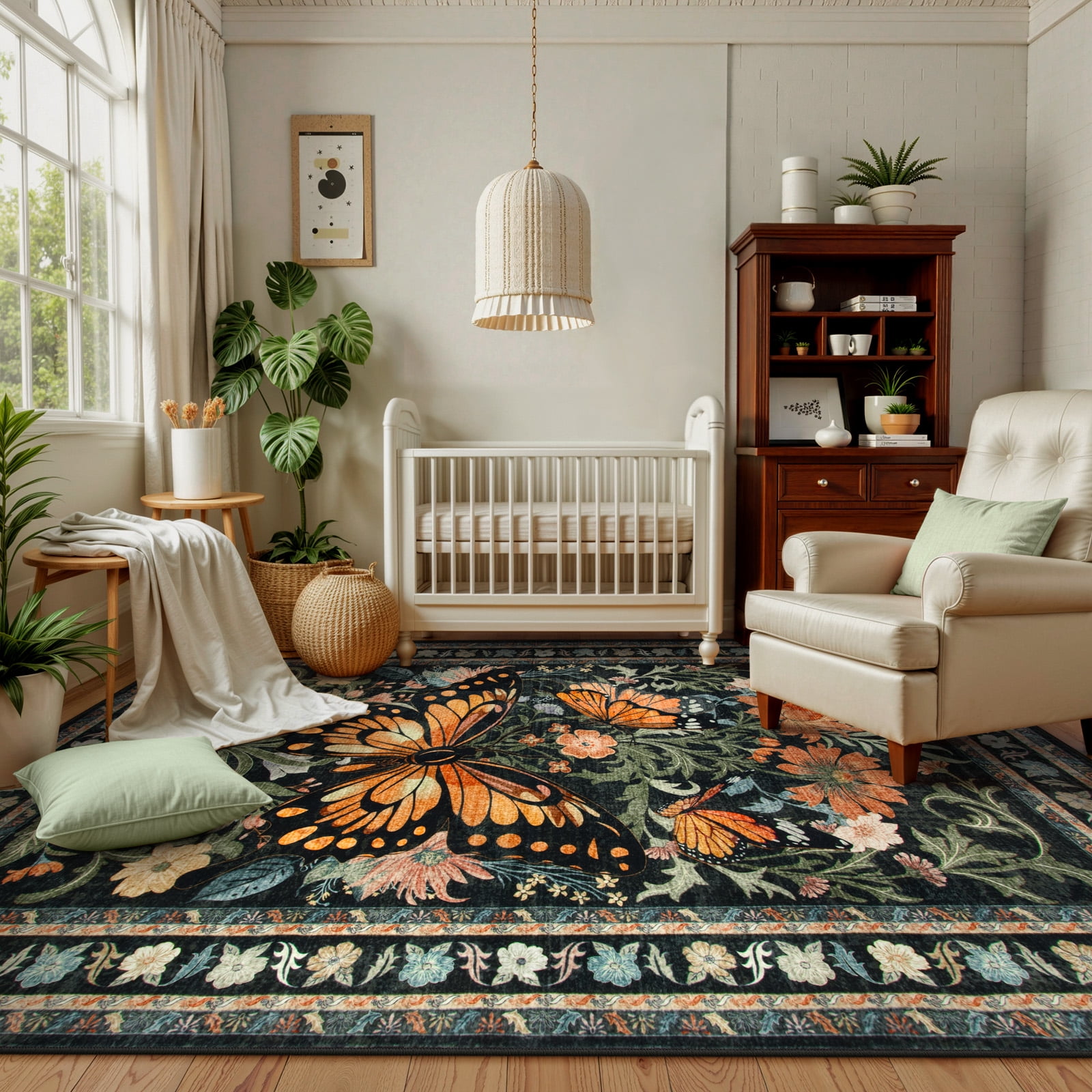 Lahome Decor 8'x10' Butterfly Area Rugs, 8x10ft Large Washable Rugs for Living Room, Non-Slip Bedroom Rugs Stain Resistant Boho Floral Rug Low-Pile Throw Rug for ‎Dining Room Office,Black
