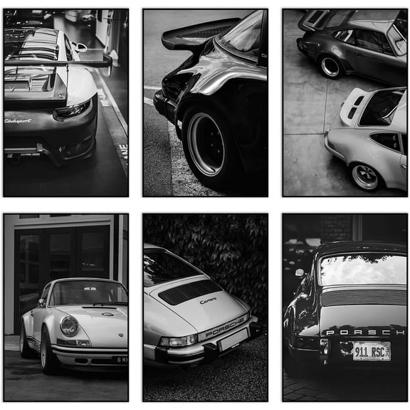 Car Poster Wall Art Decor 911 Classic Vintage Posters, Black and White Print Painting Pictures For Men Living Room Bedroom Wall Aesthetics Decoration (6 Set, 12 x 18in Unframed)