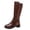 Brown, variant on Womens Knee High Boots Round Toe Block Heel Faux Leather Elastic Panel Metal Buckle Side Zipper Riding Casual Boots Wine Size US5