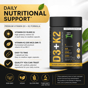Green Royalty Vitamin D3 10,000 IU + Vitamin K2 200 mcg Softgels, High Potency Dietary Supplement, 60 Easy-to-Swallow Softgels