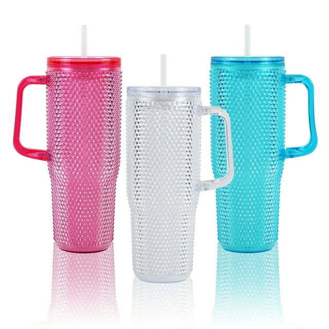 Vaso con agarradera Textura diamante doble pared 1000 ml con popote Transparente