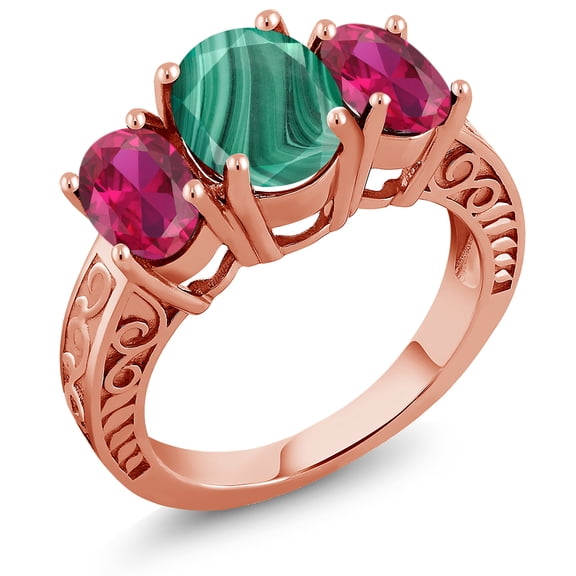Gem Stone King 4.20 Ct Oval Green Malachite Red Created Ruby 18K Rose Gold Plated Silver Ring (Size 5)