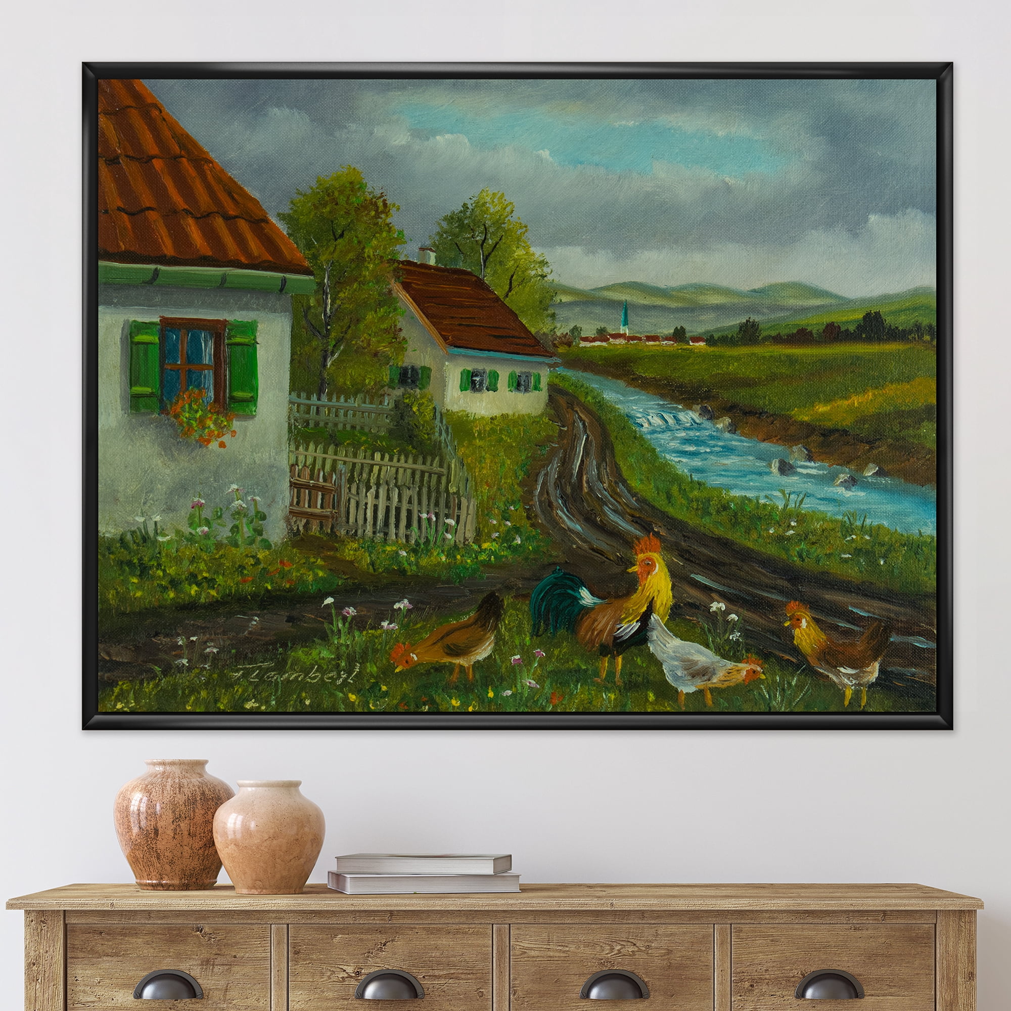 A Cock and Three Chickens In A Meadow With Flowers 32" x 16" Framed Painting Canvas Art Print, by Designart