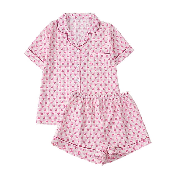 Pajama Set for Women Floral Print Button Down Short Sleeve Top and Shorts Holiday Gifts Cute Loungewear Set Pink M
