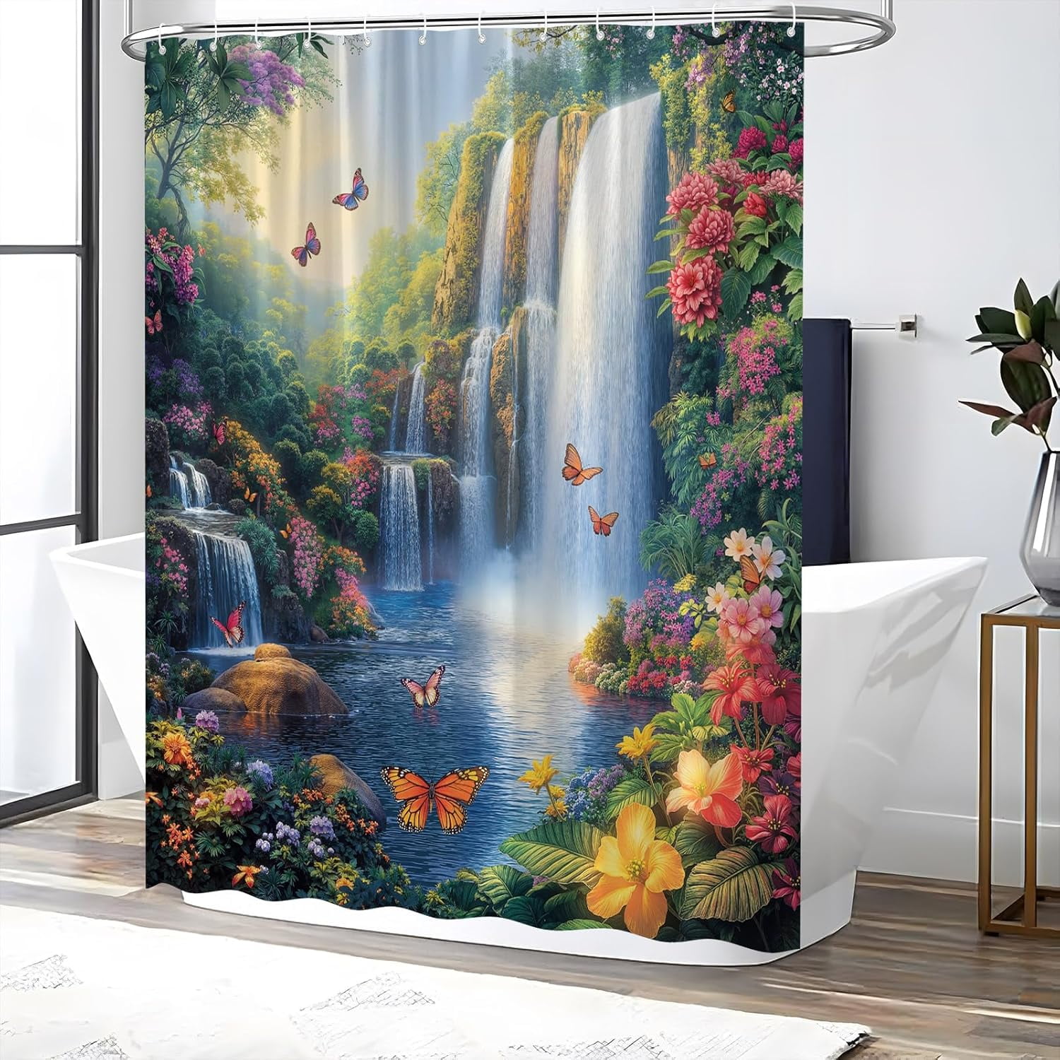 Waterfall Shower Curtain Rustic Floral Butterfly Forest Tropical Green Plant Lake Spring Garden Nature Landscape Bathroom Decor Set with Hooks-72"W x 72"L (Pack of 1)