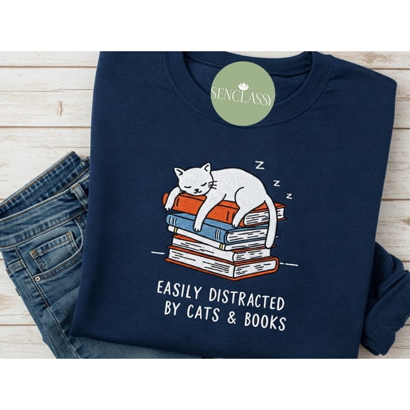 Easily Distracted By Cat And Books Embroidered Hoodie, Bookish Sweater, Book Lover Shirt, Cat Lover Gift, Reading Hoodie, Book Cat Crewneck