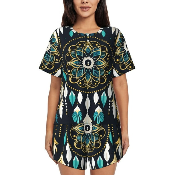 Fotbe Boho Dreamcatcher Conjunto de Pijama Estampado para Mujer, 2 Piezas, Ropa de Dormir con Camiseta de Manga Corta y Shorts Suaves-Medium