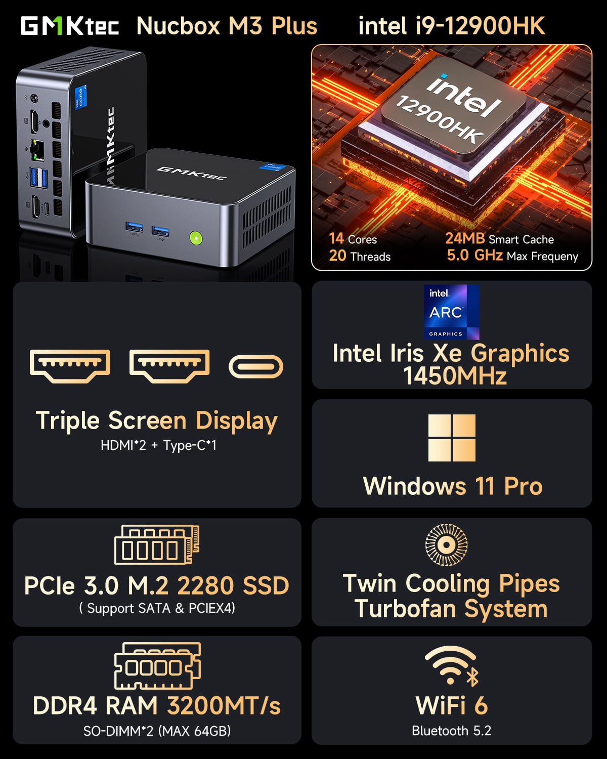 GMKtec M3 Plus Mini PC, Intel Core i9-12900HK 5.0GHz, 32GB DDR4