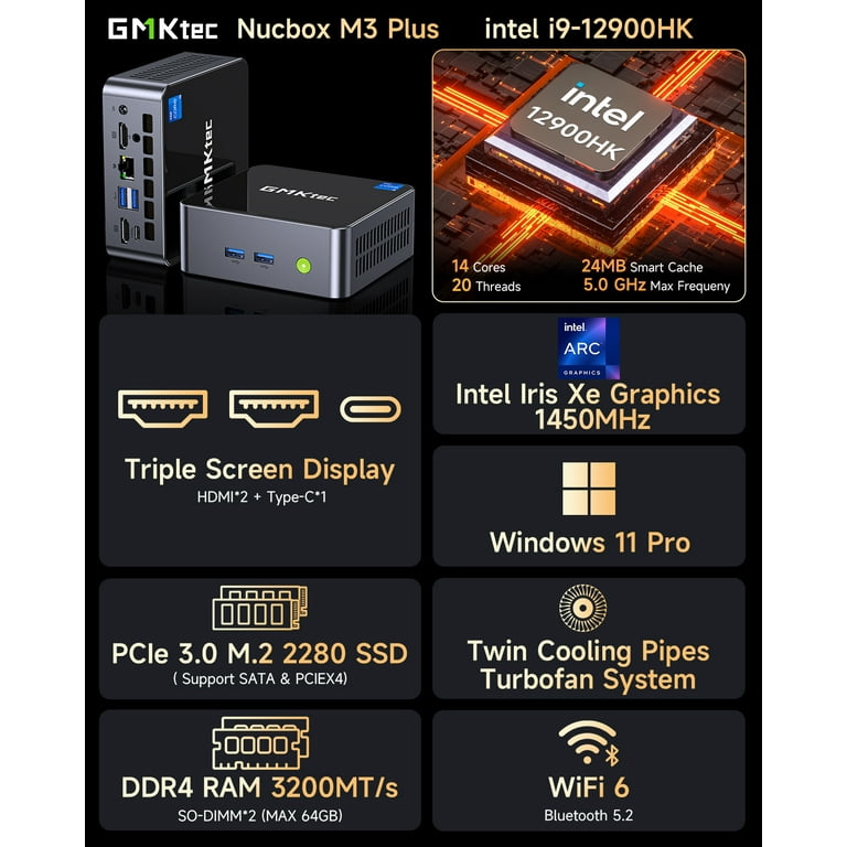 GMKtec M3 Plus Mini PC, Intel Core i9-12900HK 5.0GHz, 32GB DDR4