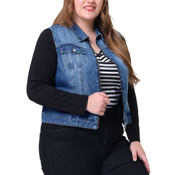 Women's Plus Size Trucker Vest Zipper Front Sleeveless Denim Vests Navy Blue 3X
