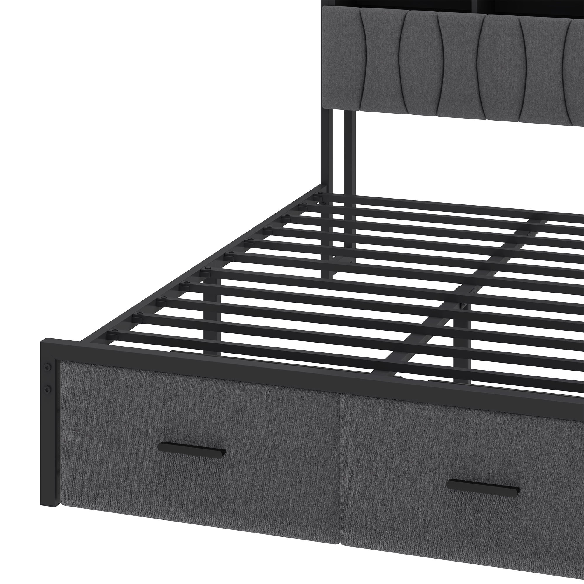 Uforic Queen Upholstered Bed Frame with Charging Station, LED Platform Bed with Storage Drawers,Gray