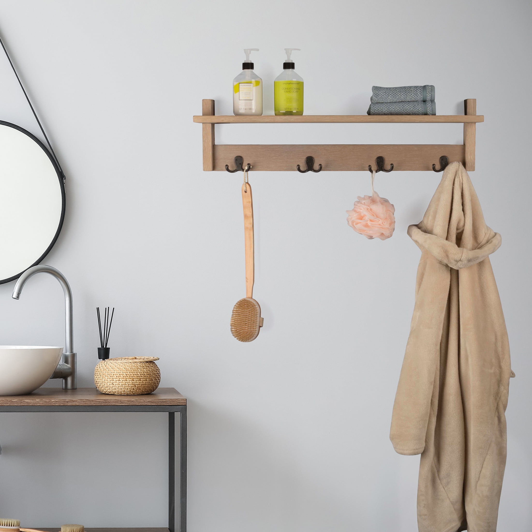 Lavish Home Coat Rack with Shelf - Wall Mount Shelf with 4 Hooks (Brown)