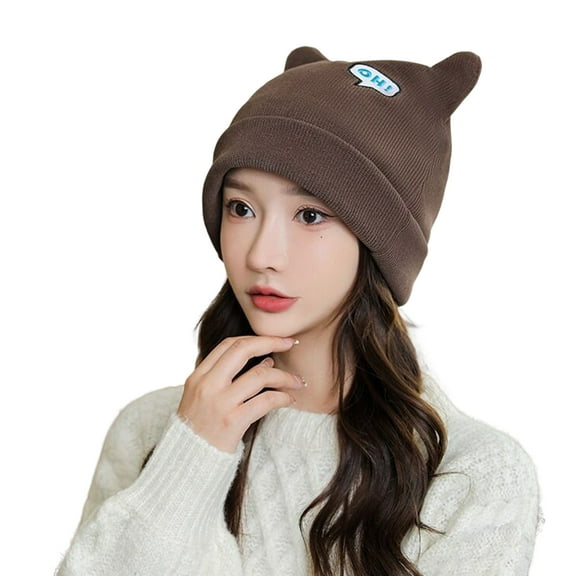 Opvise Women Fashion Beanie Hat Ears Solid Color Letters Brimless Dome Windproof Korean Style Knitting Cap for Outdoor Coffee