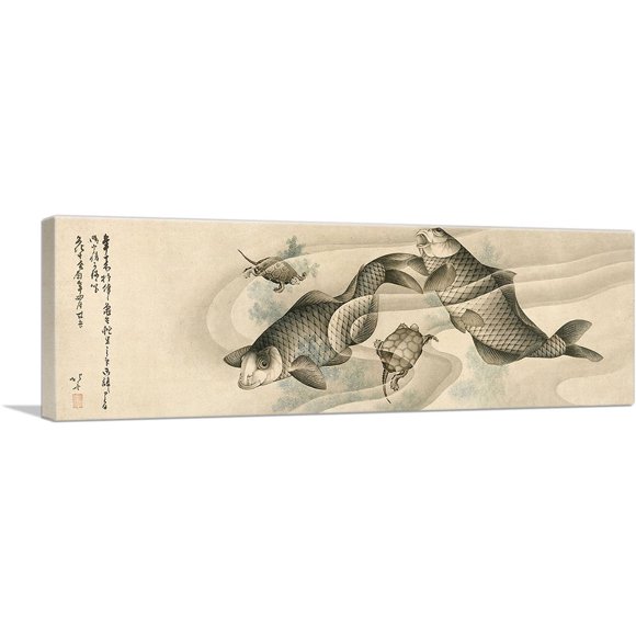 ARTCANVAS Picture of Koi Carp and Turtles 1813 Canvas Art Print by Katsushika Hokusai - Size: 36" x 12" (0.75" Deep)