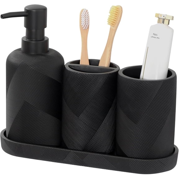 Soap Dispenser and Toothbrush Holder, Mouthwash Cup, Tray Set, Vanity Tray for Bathroom, 4 Pieces Modern Decor (Matte Black)
