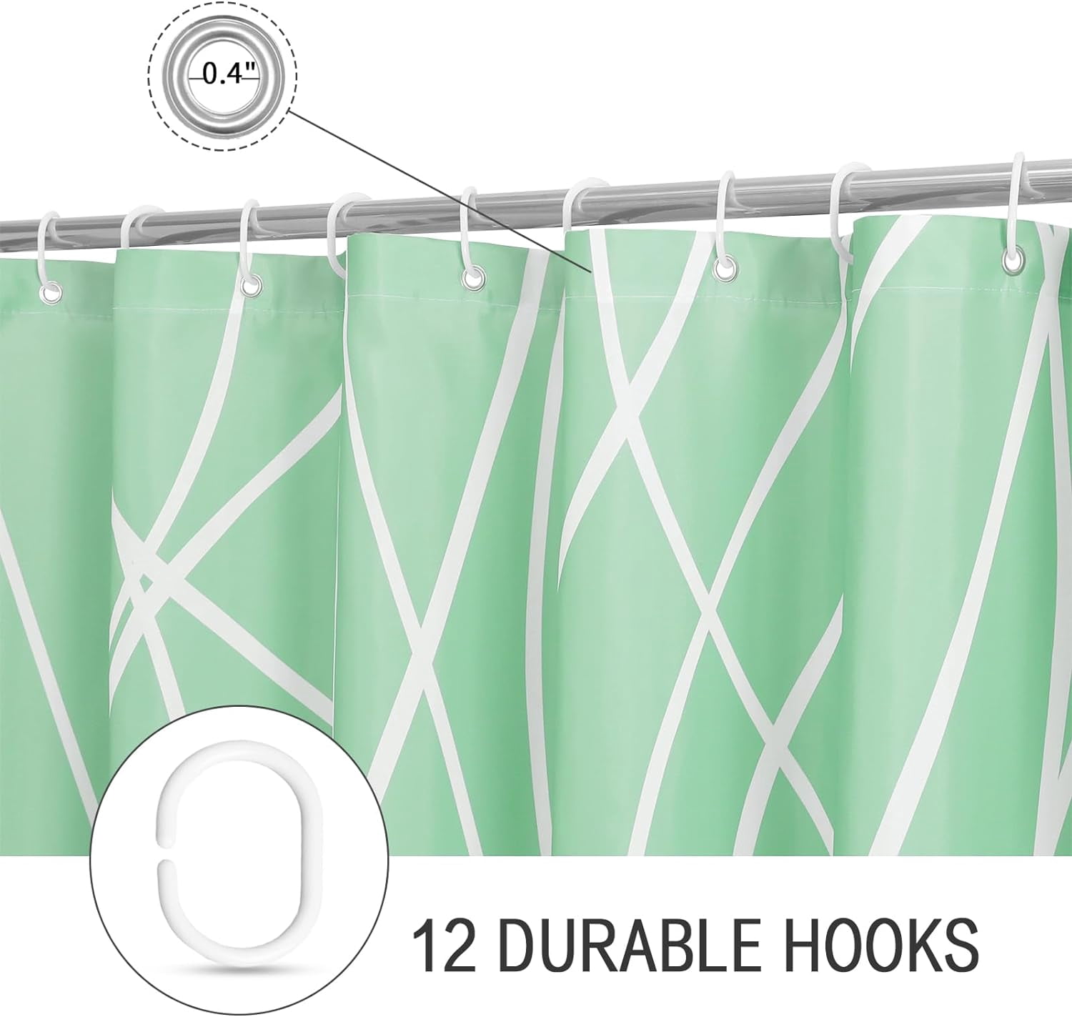 Abstract Striped Shower Curtain, Modern Minimalist Waterproof Fabric Shower Curtain Set with Hooks 72" x 72" - Mint Green