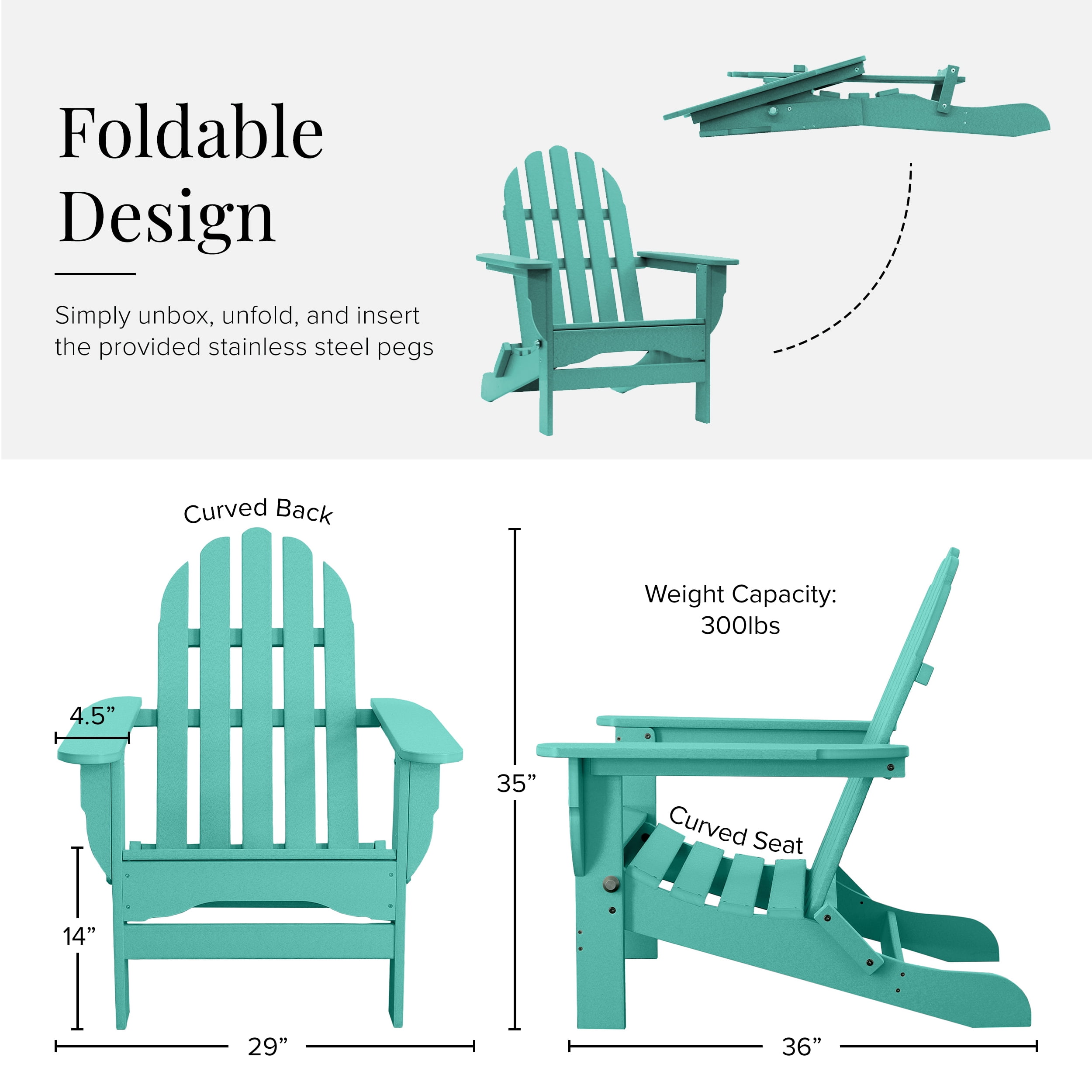 DuroGreen Folding Adirondack Chairs Made With All-Weather Tangent Lumber, Set of 4, Oversized, High End Patio Furniture for Porch, Lawn, Deck, or Fire Pit, No Maintenance, Made, Aruba