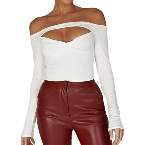Camiseta Ajustada Camiseta ajustada de mujer con hombros descubiertos, camisetas sexys de manga larga, ropa de calle (blanco L) Cgtredaw Para estrenar
