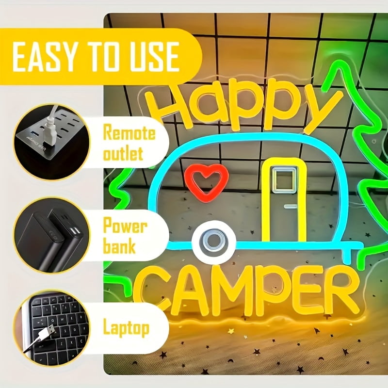 Happy Camper Neon Sign - USB-Powered LED Wall Decor With RV & Camping Elements, Multi-Color Lighting Display For Campsites, Gifts, And Camping Enthusiasts, Perfect For RVs And Camping Sites