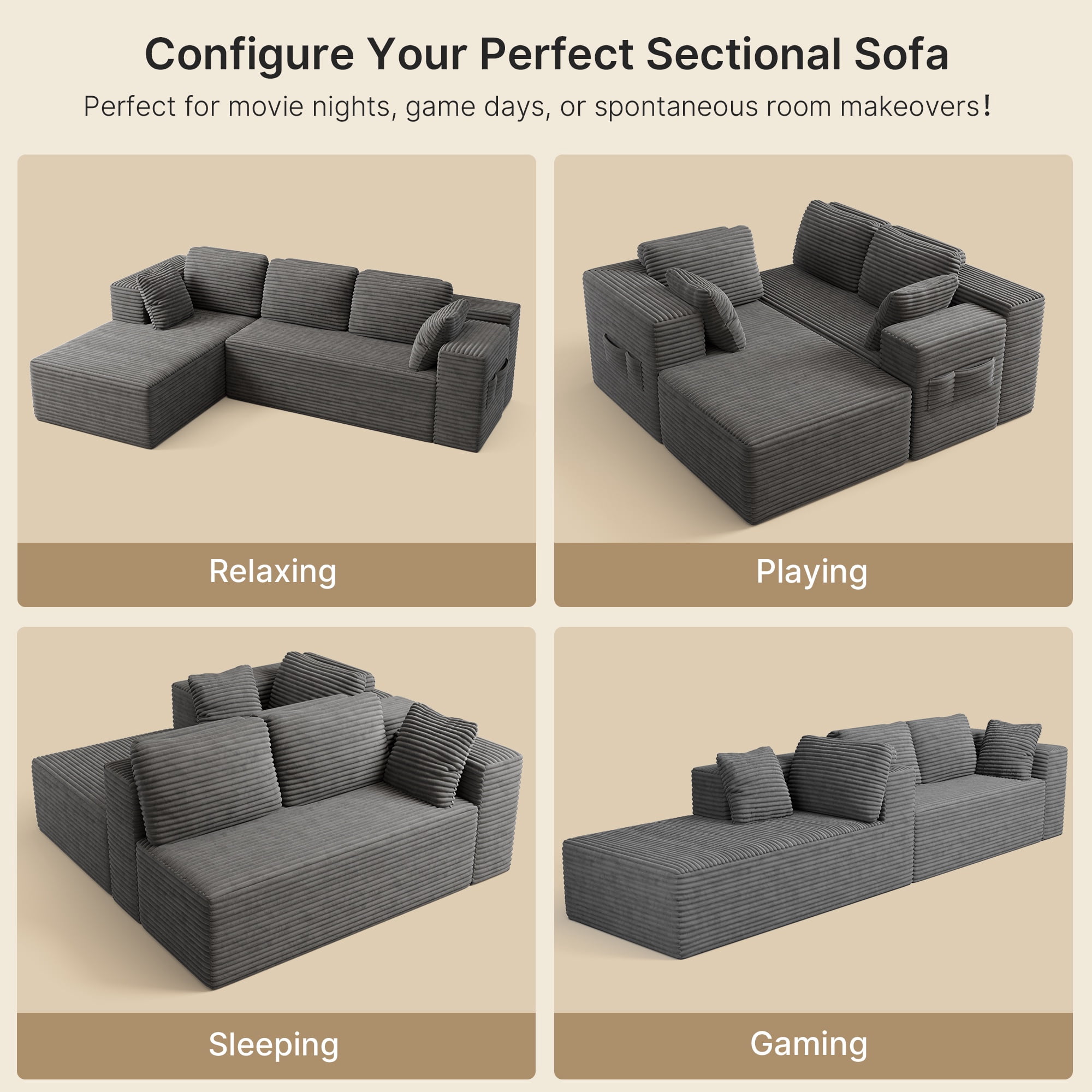 Cloud Sofa, 105" Couches for Living Room, L-Shaped Modular Sectional, No Assembly Boneless Deep Seat, Gray Corduroy