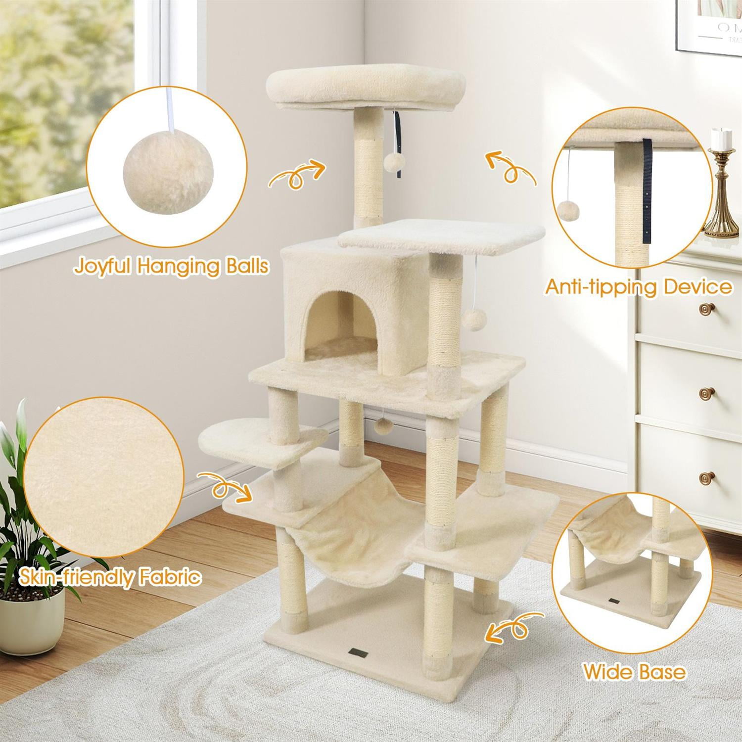 Pefilos 58" Multi-Level Cat Tree, Soft Plush & Padded Top Perch, Condo & Sisal Scratching Posts, Beige