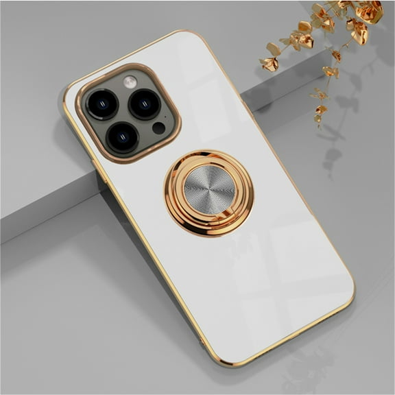 TECH CIRCLE Case for iPhone 16e (6.1", 2025) - Shiny Plating Cute Slim Case with Rotating Finger Ring Kickstand, Durable Soft Silicone Lightweight Protective Thin Phone Cover, White
