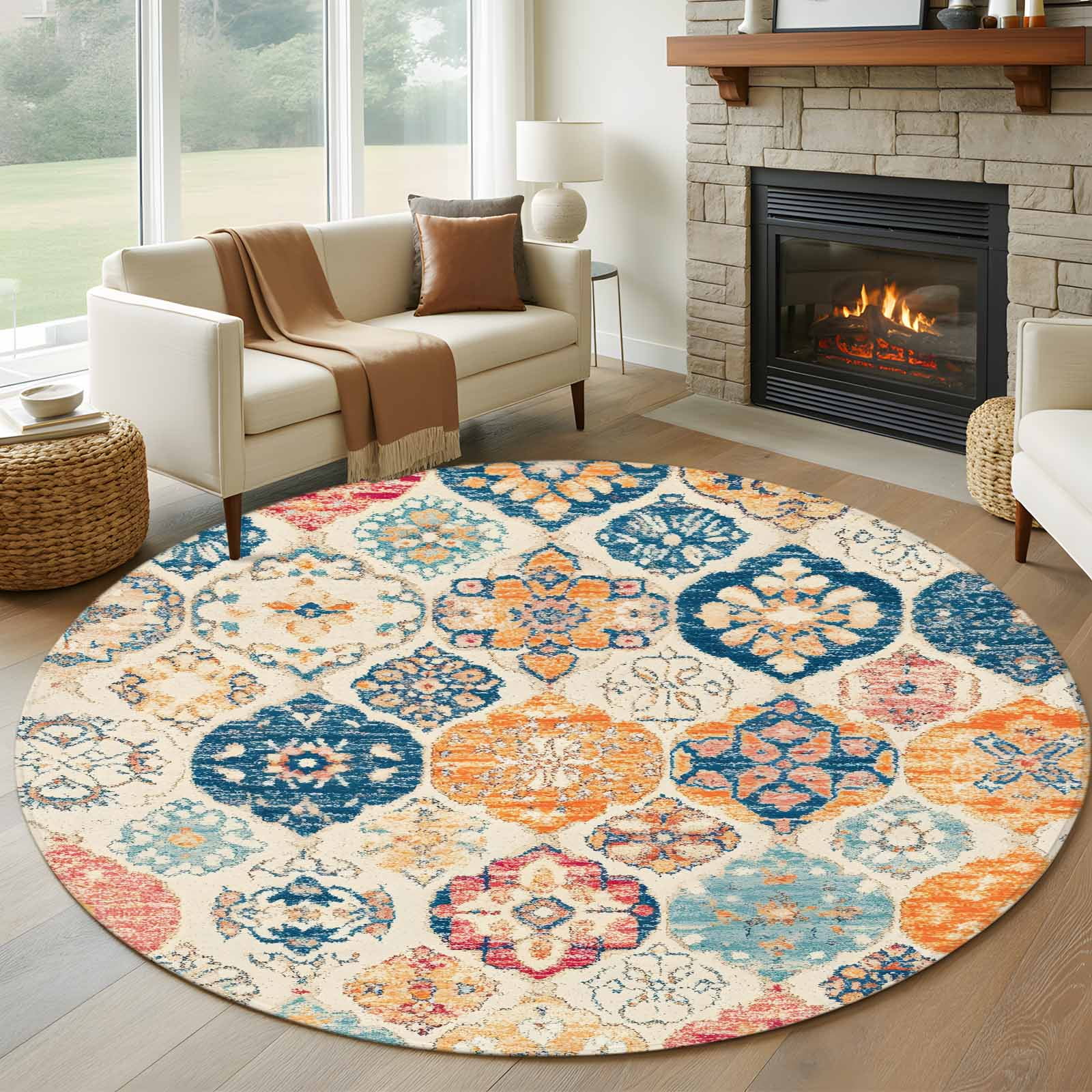 Boho Morocco Round Area Rug 7 FT,Non Slip Living Room Area Carpet,Retro Farmhouse Ethnic Neutral Aesthetic Washable Soft Circular Rug Non-Shedding Floor Carpet for Bedside Office Play Room Classroom