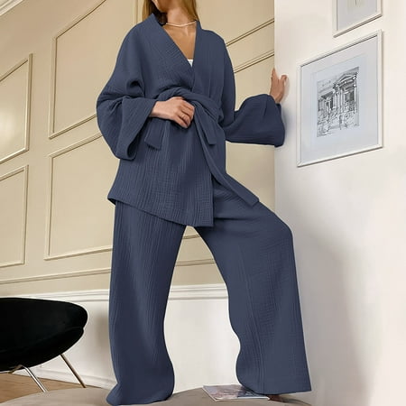 

Aueoe Bathrobe For Women Womens Robes Long Women s Long Sleeved Loose Rousers Crepe Women s Solid Color Nightgown Housewear Pajama Suit Clearance