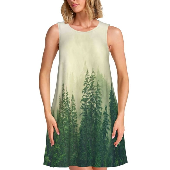 Balery Fog Forest Vestidos de verano para mujer con estampado: vestido holgado sin mangas, vestido playero informal y cómodo para días calurosos.