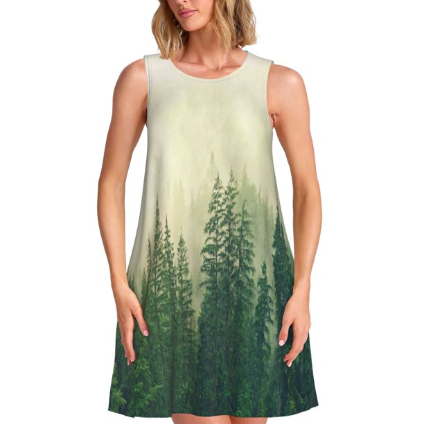 Balery Fog Forest Vestidos de verano para mujer con estampado: vestido holgado sin mangas, vestido playero informal y cómodo para días calurosos.