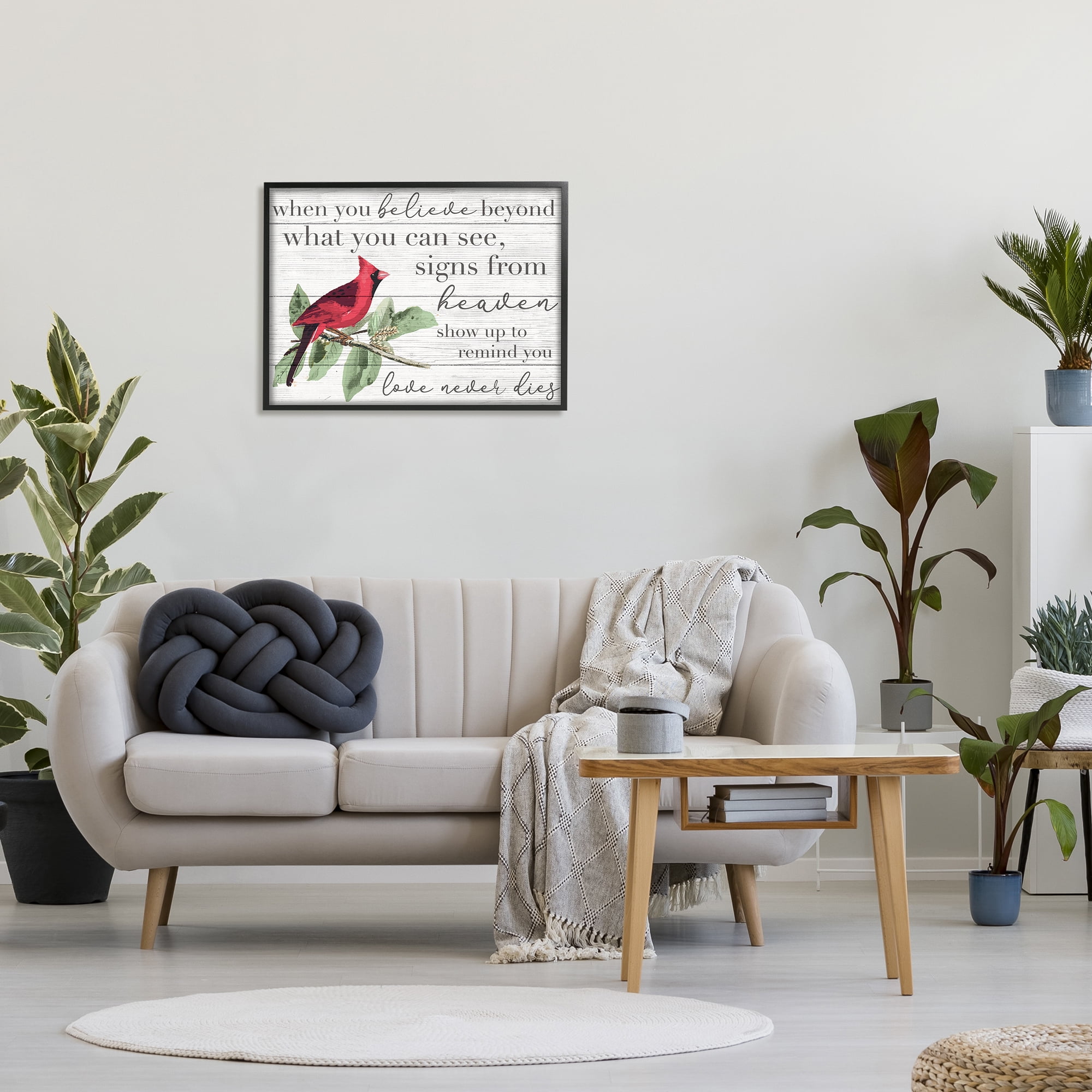Believe Love Never Dies Inspirational Cardinal Bird Word Design XXL Framed Giclee Texturized Art by Daphne Polselli