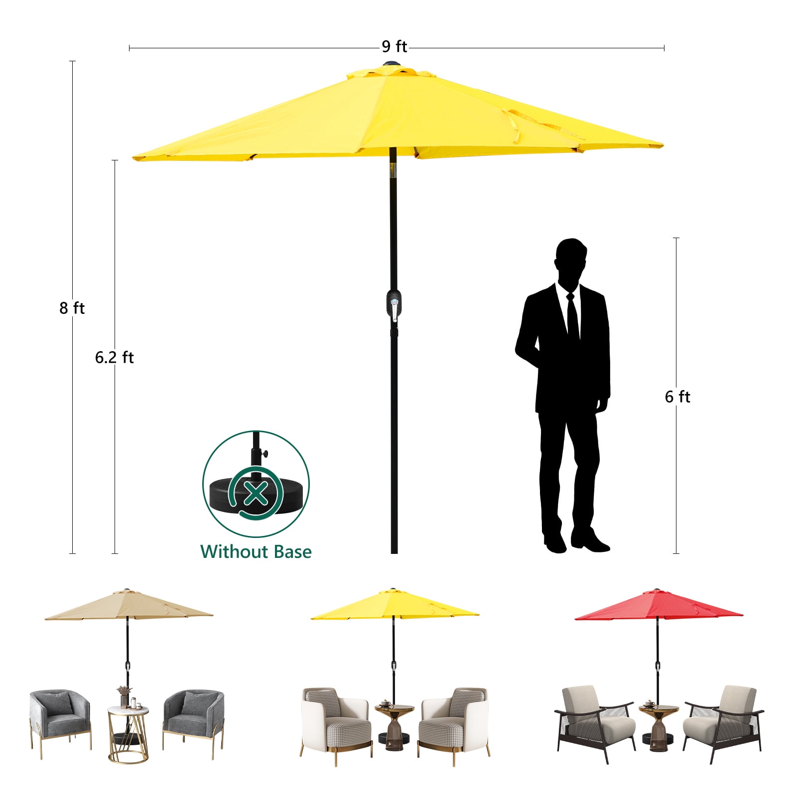 HaiCube 9FT Patio Umbrella -Acrylic Fabric, 10-Year Fade-Resistant, 1.5" Heavy Duty Steel Pole, 8 Ribs, Push Button Tilt & Crank, UV Block for Garden Deck Pool, Yellow