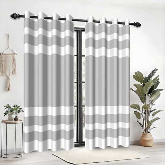 Grey White Horizontal Striped Blackout Window Curtains Minimalist Stripe Window Treatments Funky Modern Art Geometric Room Darkening Decor Horizontal Lines Grommets Top 53"W x 63"L (Pack of 2)